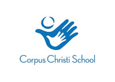 A blue hand with two hands and the words corpus christi school.